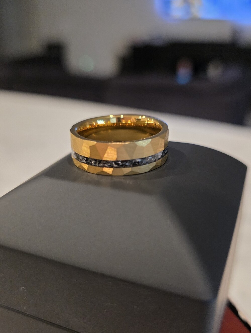 Yellow Gold Tungsten Meteorite Ring Hammered Mens Wedding Band, Unique Men Ring